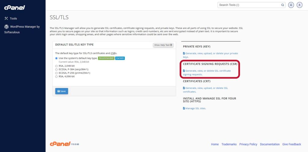 A screenshot of the SSL/TLS dashboard that shows where to access the option to generate a certificate signing request in cPanel 