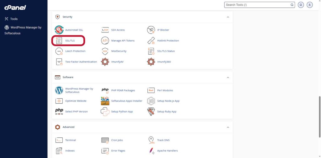 A screenshot of the cPanel dashboard that shows where to find the SSL/TLS tool