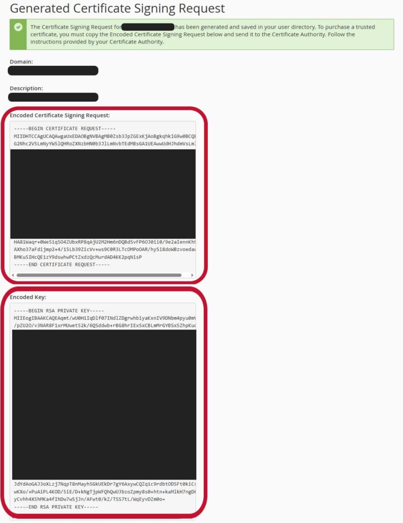 An edited and truncated screenshot that removed irrelevant information to display just the necessary example CSR and private key-data.