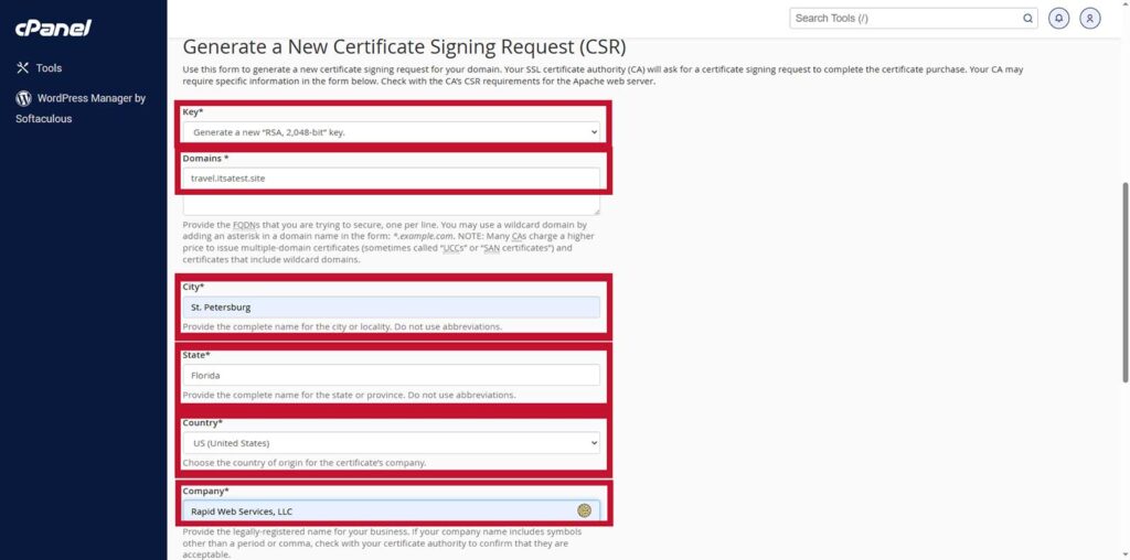 A screenshot with highlights calling out examples of some of the types of data that are needed when generating a CSR in cPanel (or other platforms)